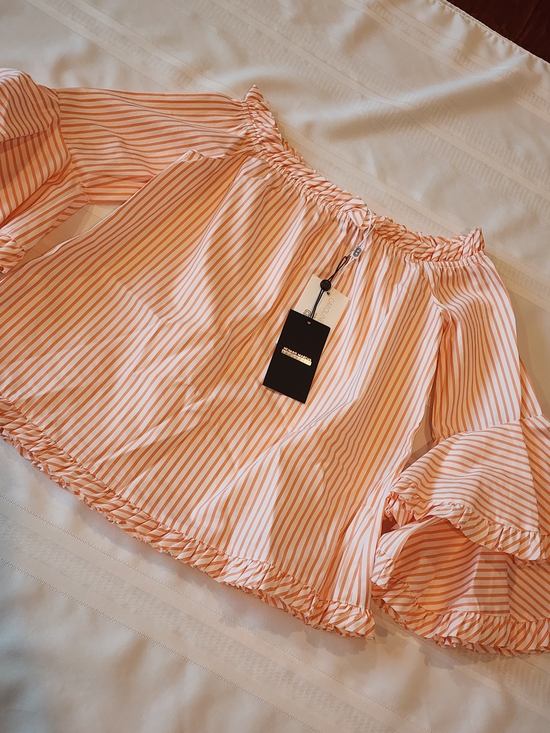 Neiman Marcus Tops - Neiman Marcus Peach and White Striped Off-Shoulder Skirt